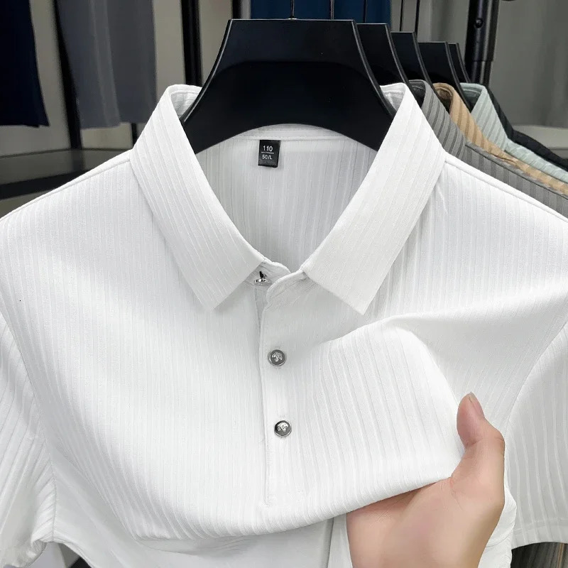 Mens Casual Fashion Striped Short Sleeved Collar Polo Shirt Breathable and Comfortable Summer Versatile T-shirt 260304