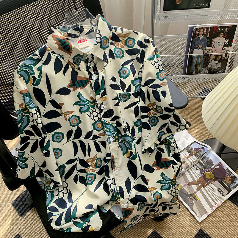 Floral shirt for men, short-sleeved, Hawaiian casual, summer thin style, trendy loose shirt, oversize, couple's five-quarter sleeve
