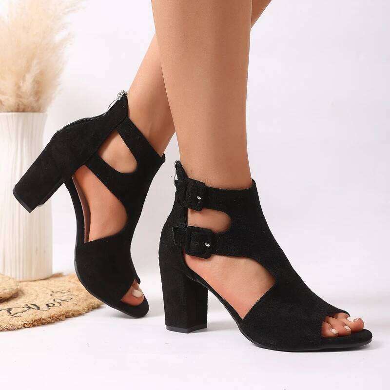 2025 Spring/Summer New Women's Fashion Simple High Heel with Hollow Design Comfortable Non slip Sandals
