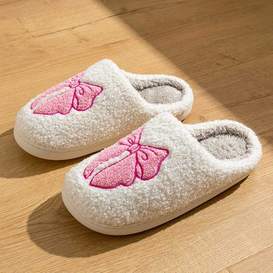 Comfy Winter Indoor Casual Girls Slippers Warm Bow Pattern Soft Sole Fashion Cute Womens Bedroom Anti-slip Fuzzy Home Shoes S260305