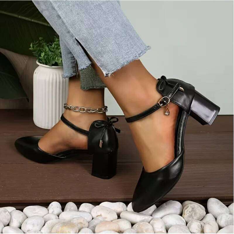 Women's Fashionable French Elegant Chunky Heel High Heels with Buckle Straps&Bowknot-Hollow-Out Mid-Heel Dressy Sandals for Lady