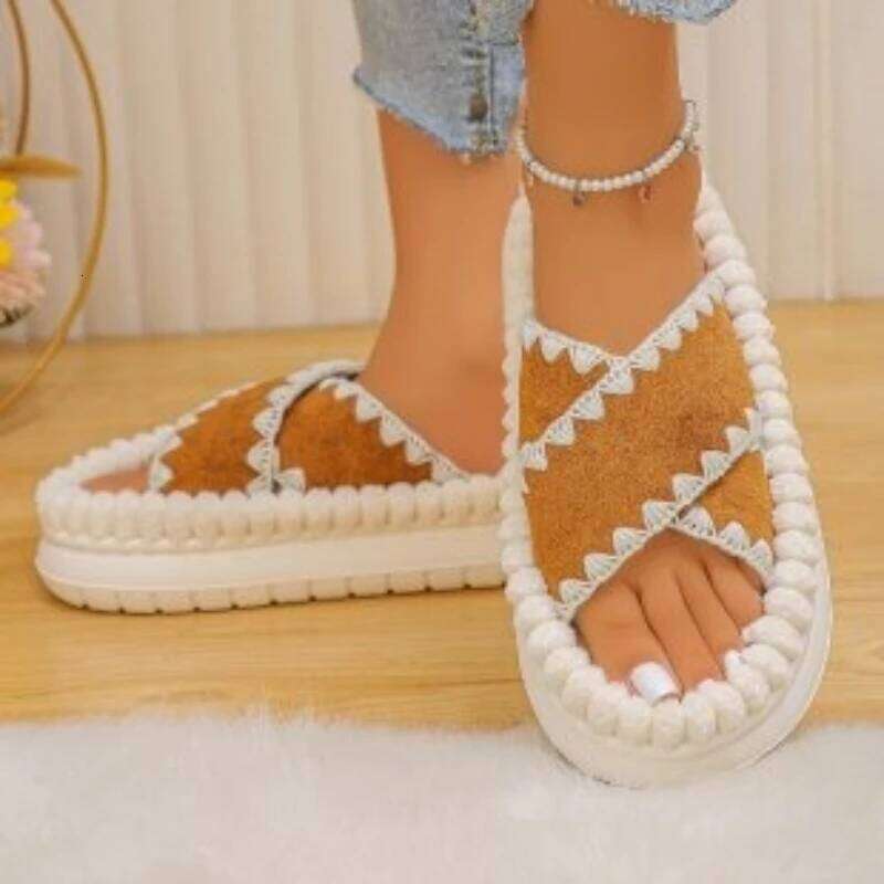 2025 Winter New Women's Plush Comfortable Fashion Open toed Casual Slippers Indoor Anti slip Cotton Dragging