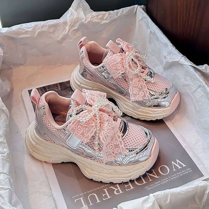Girls Sweet Gauze Bow Decorative Sneakers New Spring and Autumn Breathable Fashion Beaded Children's Running Shoes. 26Y0304