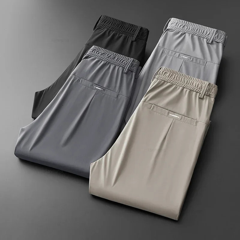 Ultra-thin Elastic Mens Casual Trousers Summer Quick-drying Ice Silk Slim Straight Business Solid Color Trousers Black Gray 260304