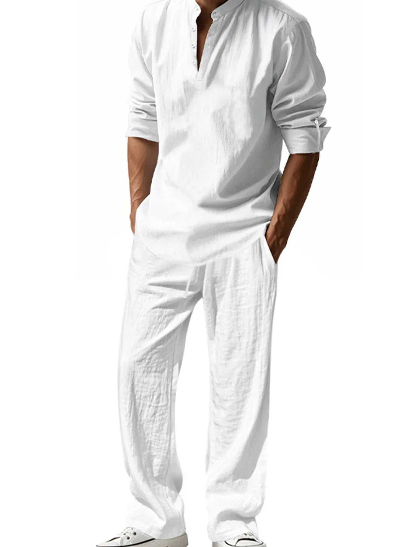 Mens Henley Cotton Linen Shirts Long SLeeve Lightweight T-Shirts Breathable Streetwear Solid Color Business Button T-Shirts M260305