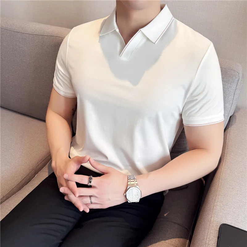 Men Polo Shirt Short Sleeved Summer Ice Silk Light Thin Soft Solid Casual Elastic Slim Fit T-shirt Daily Wear Streetwear Top 260304