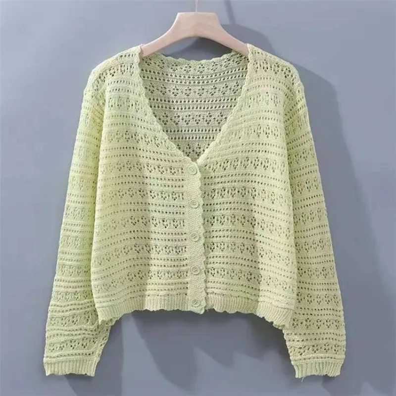 Spring Autumn Korean Style Loose V-neck Hollow Versatile Knitted Air-conditioning Shirt Thin Long-sleeved Ice Silk Cardigan Top M260306