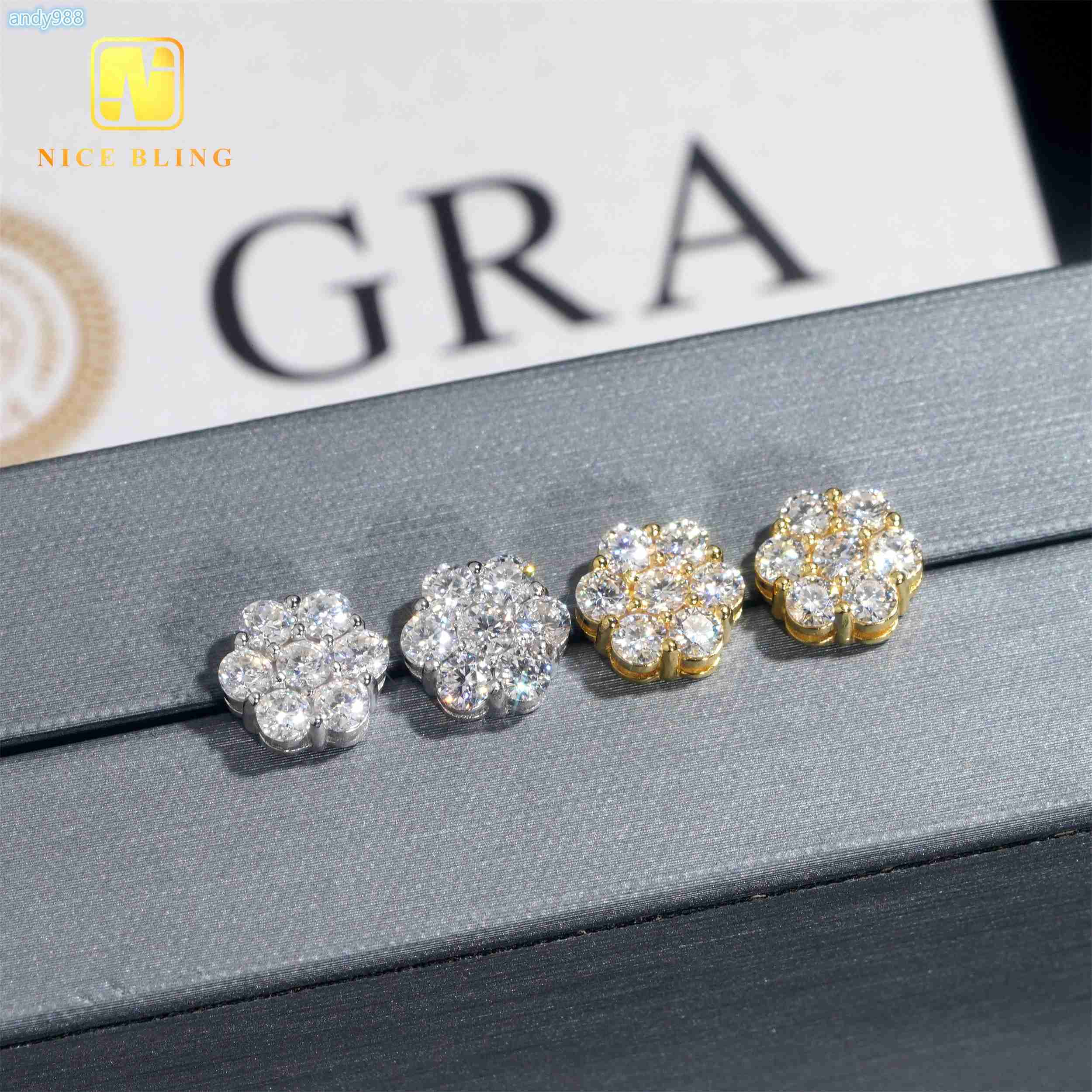 9MM Flower Earrings Trendy Silver Jewelry Hip Hop Fashion Cluster Earrings Moissanite Diamond Ear Studs for Men Women