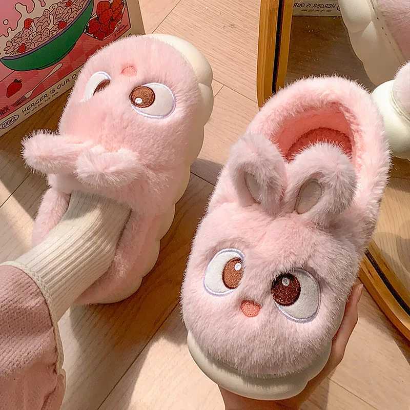 Cute Cartoon Rabbit Cotton Slippers For Women Winter House Shoes Warm Plush Thick Sole Anti-slip Female Home Floor Fluffy Slides S260305