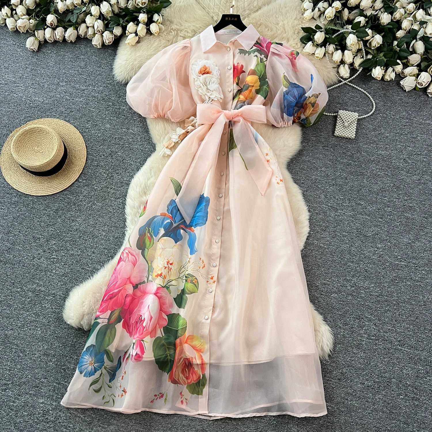 French Vintange Elegant Evening Dress New Women 3D Flower Lapel Puffed Sleeve Long Print Dress High End Festival Clothing X260306