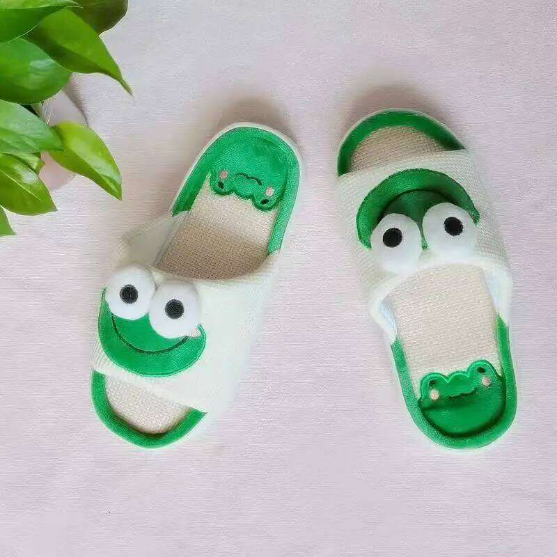 Women Men Cartoon Frog Linen Spring Summer Anti Slip Home Slippers Thick Bottom