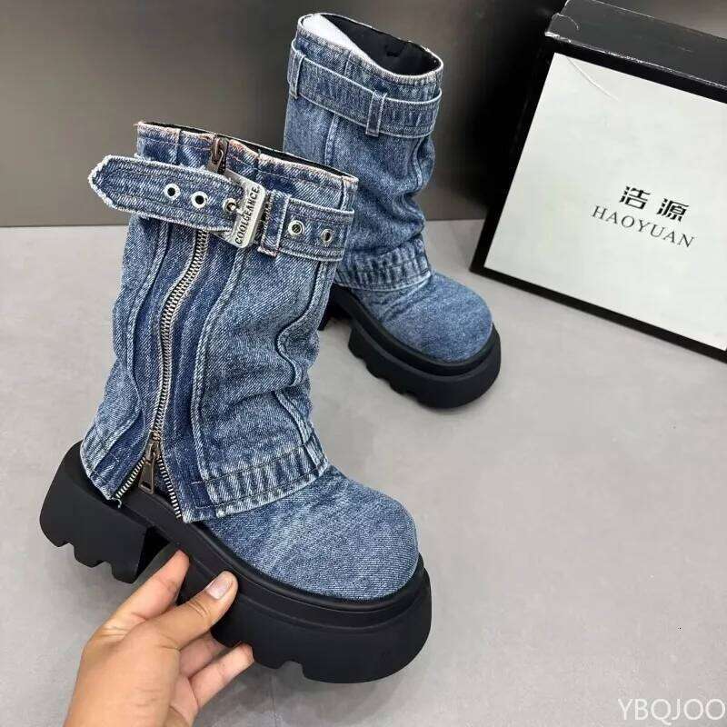 Spring and Autumn Fashion New Denim Thick Bottom Tall Short Belt Buckle Zipper Fake Two Piece Pants Women's Boots