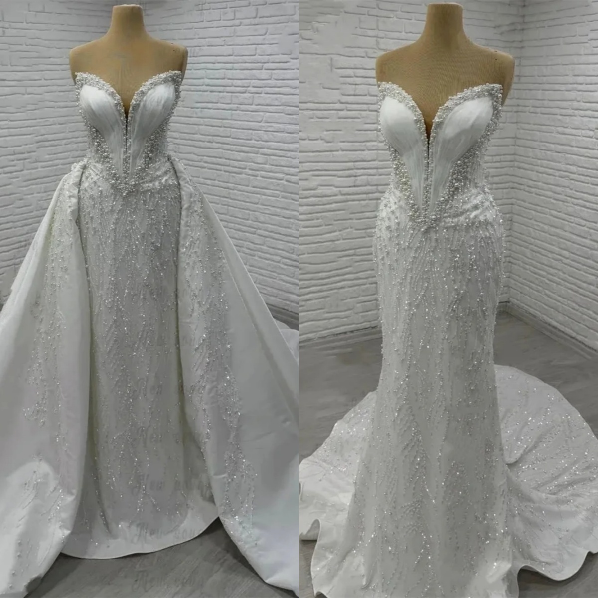 Gorgeous Mermaid Wedding Dress Pearls V Neck Strapless Bride Gowns Elegant Sequins Sweep Train Bridal Dresses Customized