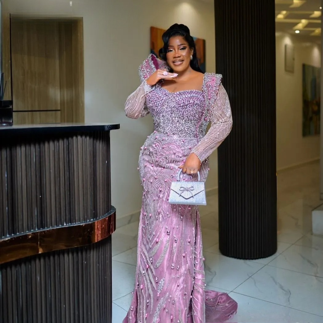 Aso Ebi Pink Dress 2026 Mermaid Prom Pearls Crystals Full Sleeves Evening For Black Women Birthday Party Formal Receiption Gowns Dresses ZJ072