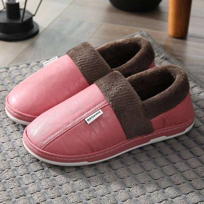 Women's Winter Slippers Home Warm Thick Bottom Plush Waterproof PU Leather Couples Cotton Men's Flat Couple Shoes