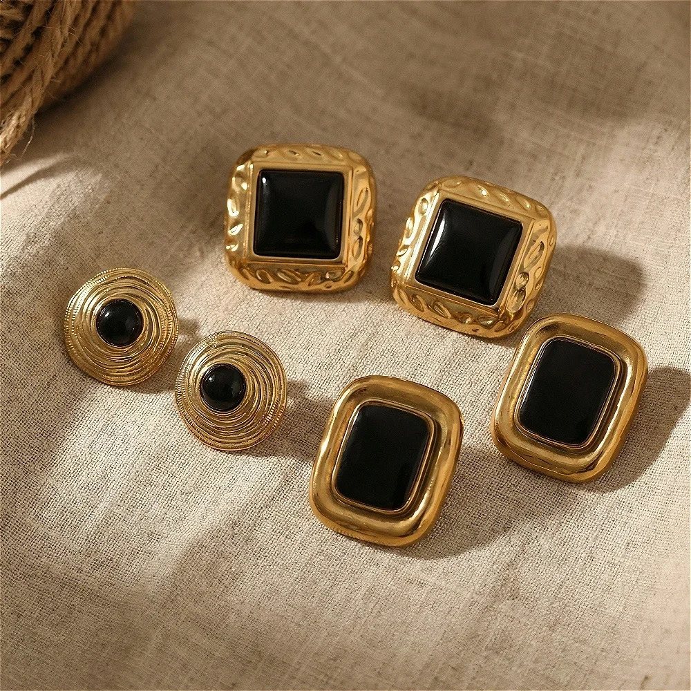 Chunky Vintage Tiger Eye Black Stone Stainless Steel Stud Earrings For Women Statement 18K Gold Plated French Autumn Jewelry 260303