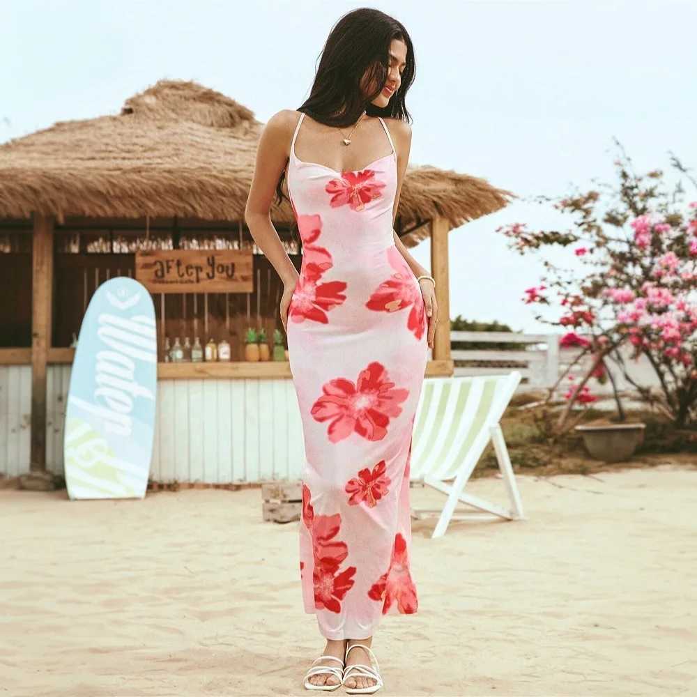 Spring and Summer Pink Floral Strapless Dress for Outings Travel and Resort - Beach and Sand Design with Print Long Dress X260306