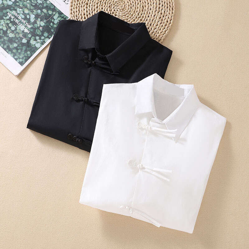 Retro Slanted Placket Buckle Loose Long Sleeve Pure Cotton Slit DesignChinese Cross-Button Shirt Summer Turn-down Collar Casual Loose Irregular Women 