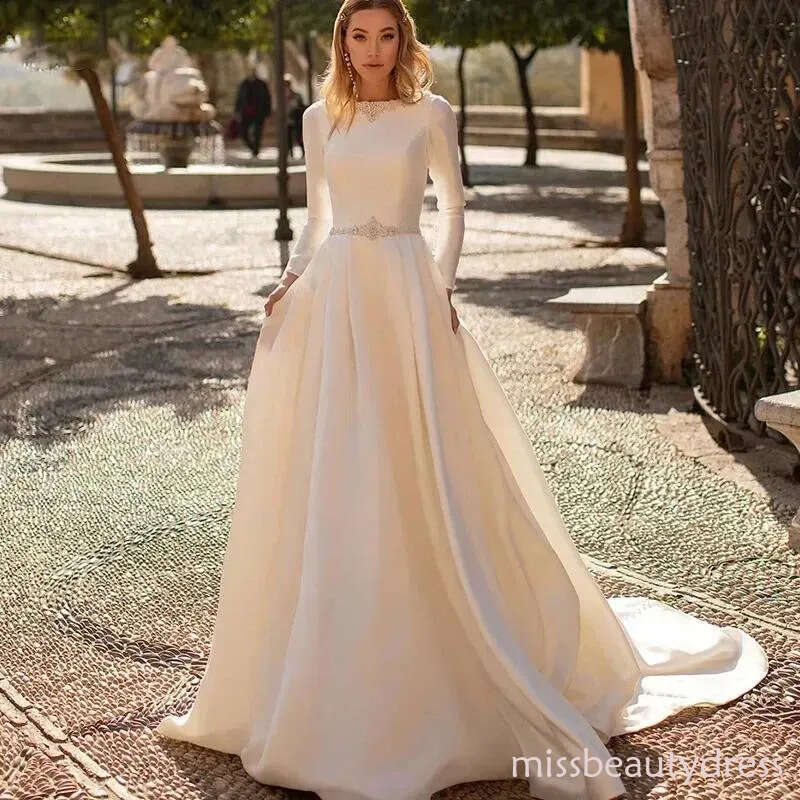 Elegant Long Sleeves Wedding Dress A Line Backles Satin Beading Bridal Gowns With Sweep Train Custom Made Covered Button Back Vestidos De Novia