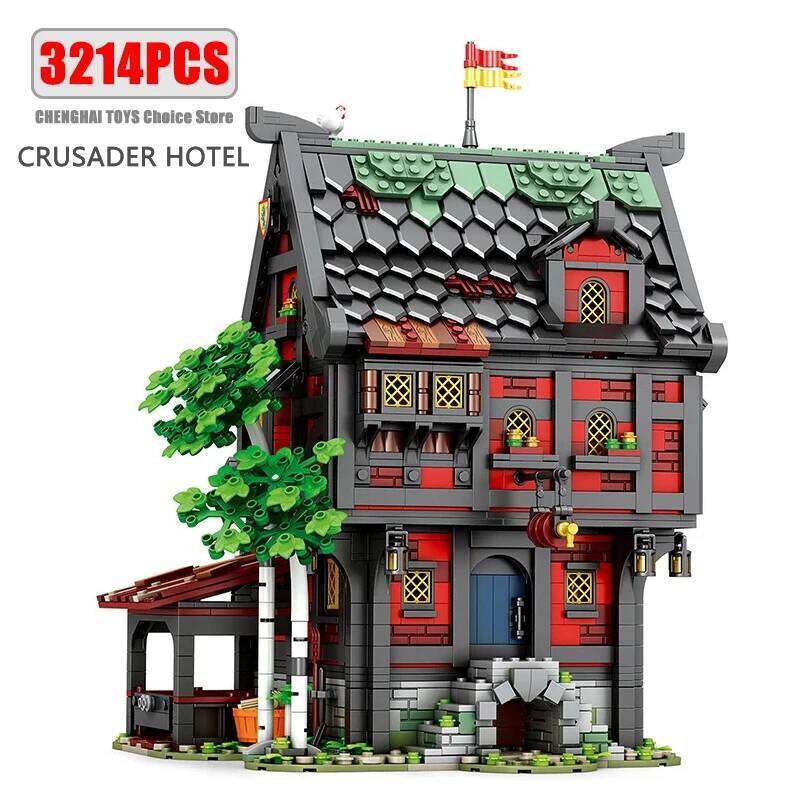 3214PCS Crusader Blocks European Street View Hotel Building MOC Model Bricks Desktop Ornaments Kids Toys Gifts Z260306