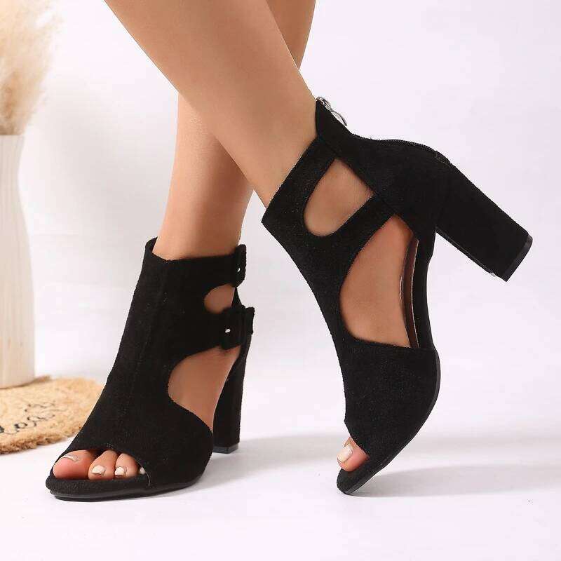 2025 Spring/Summer New Women's Fashion Simple High Heel with Hollow Design Comfortable Non slip Sandals