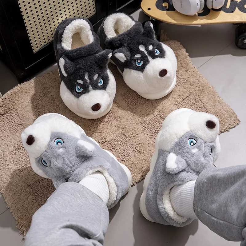 Men Home Cotton Slippers Cute Cartoon Dog Winter Warm Shoes For Couples Soft Plush Anti-slip Male Female Indoor Fluffy Slides S260305