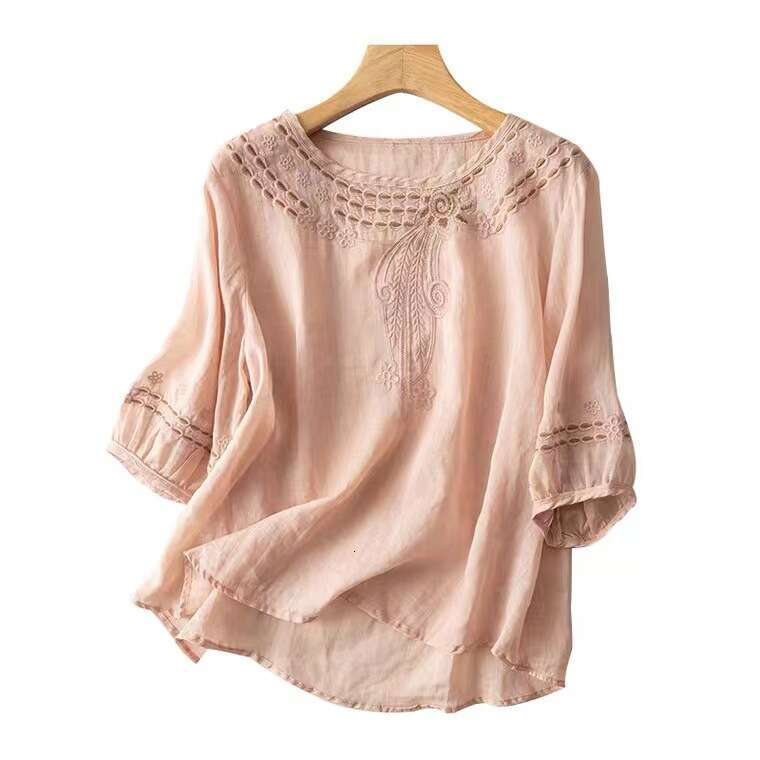 Women Summer Tops Tees Vintage Blouse Short Sleeve Shirt Ruffles Loose Casual Tees Literary Floral Embroidery Cotton And Linen Blous