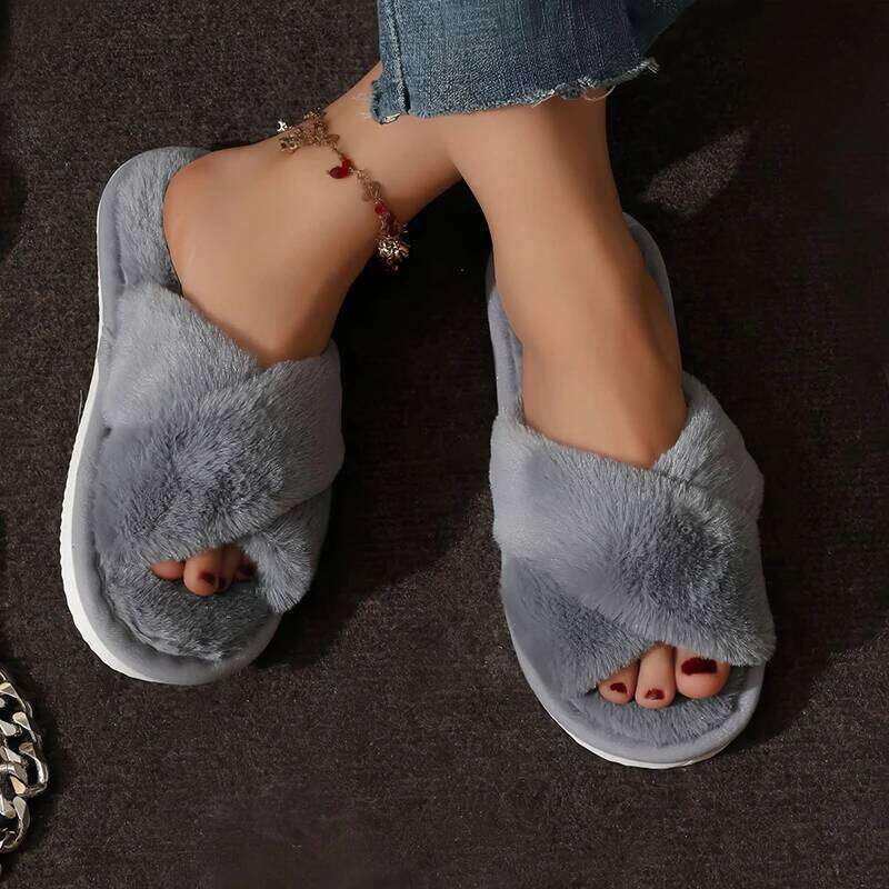 Cross Warm Fluffy Furry Slippers Women Lightweight Flat Heels Fur Slides Woman Autumn Winter Open Toe Non Slip Home Floor Shoes