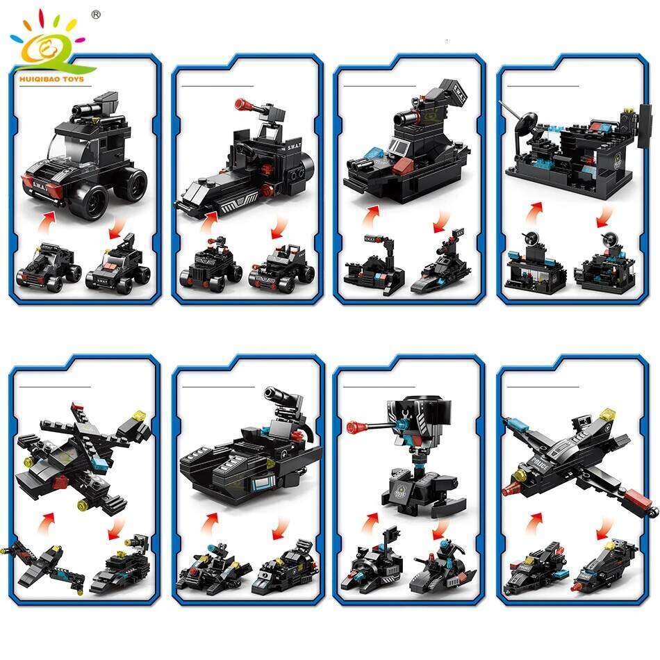 HUIQIBAO 454-585PCS 8in1 SWAT Police Command Truck Building Blocks City Helicopter Bricks Kit Educational Toys for Children Z260306