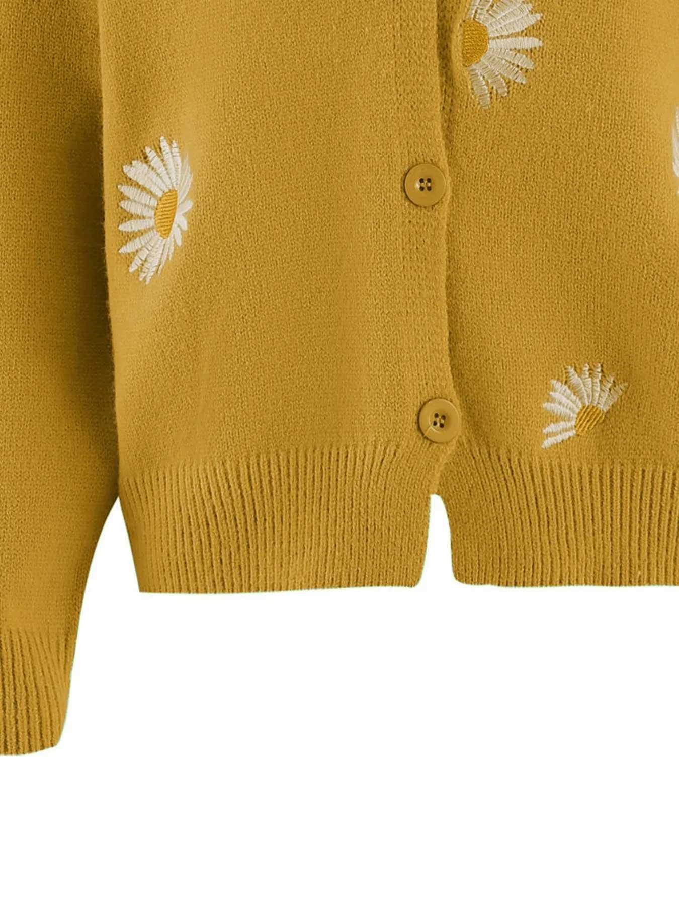 Womens Mustard Yellow Daisy Embroidered V-Neck Knit Cardigan Casual Oversized Long Sleeve Outerwear M260306