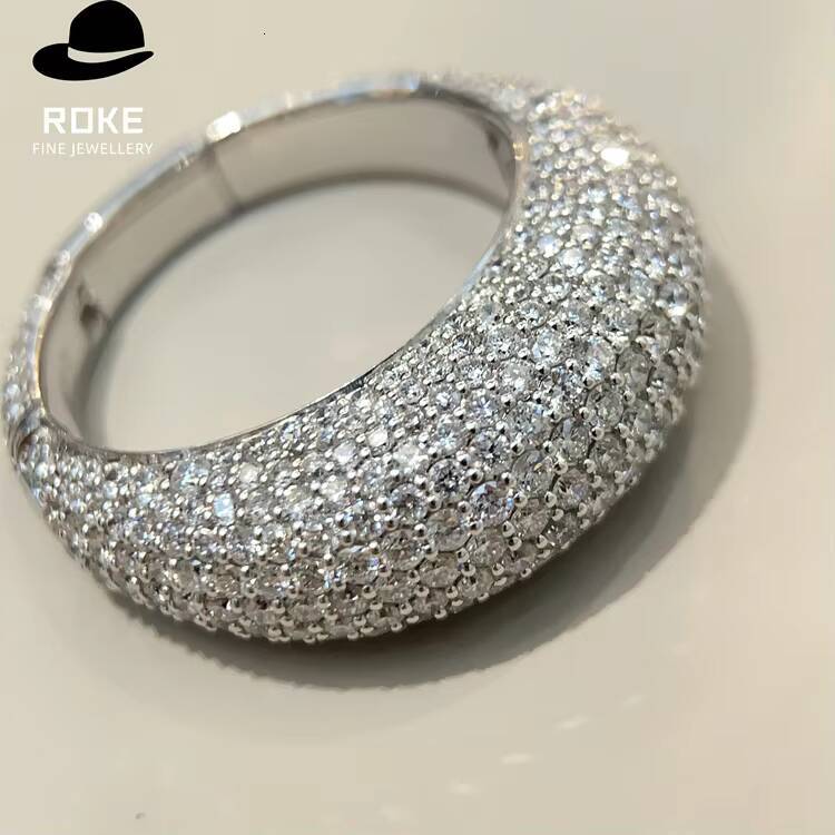 Luxury Wide-band Ladies Ring Pav-set with Lab-grown Round-cut Diamonds 9-18K White Gold Party Ring