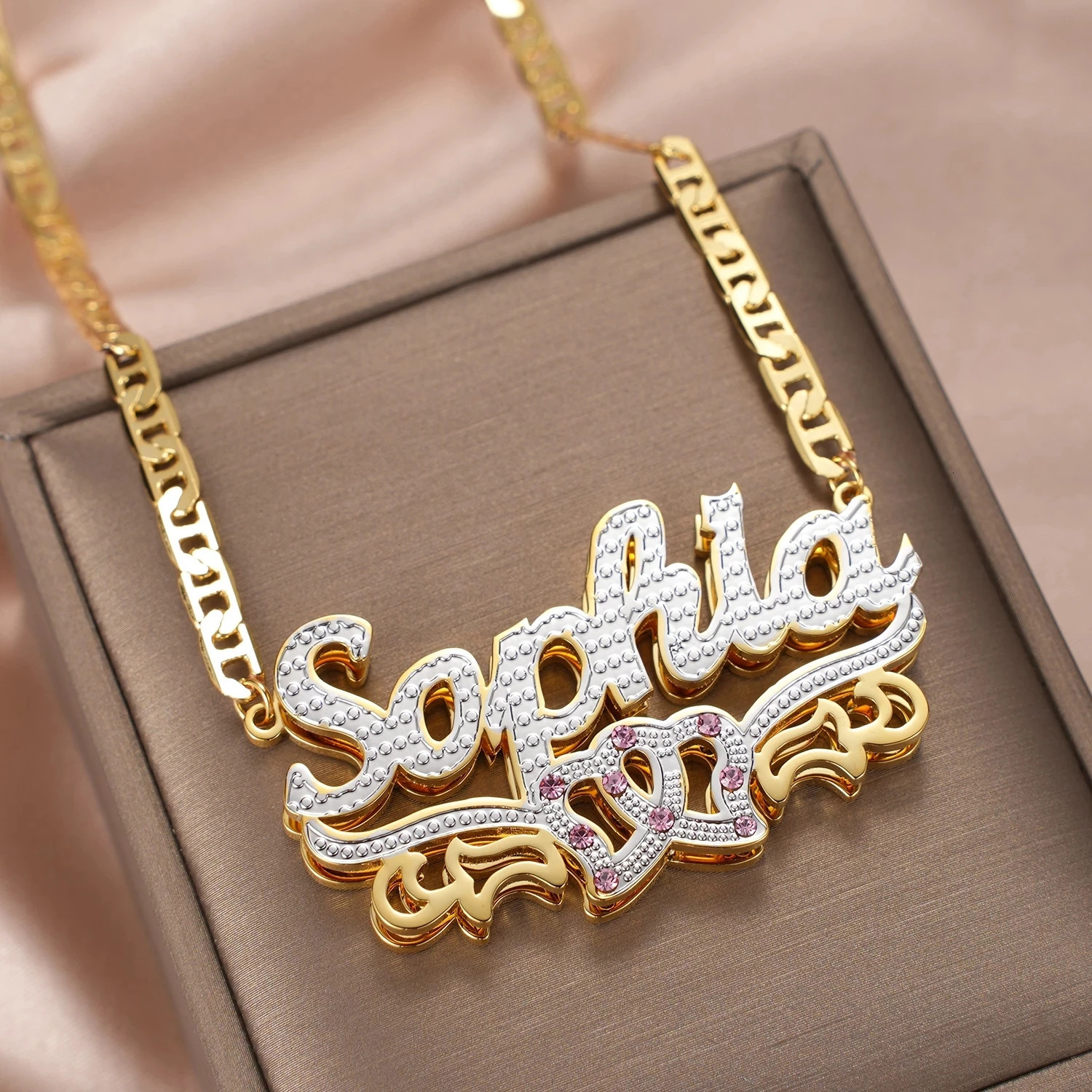 Dascusto Personalized Nameplate Name Necklace Custom 3D 18KGold Plated Double Diamond Choker Pendant Two-Tone Chain For Women 260302