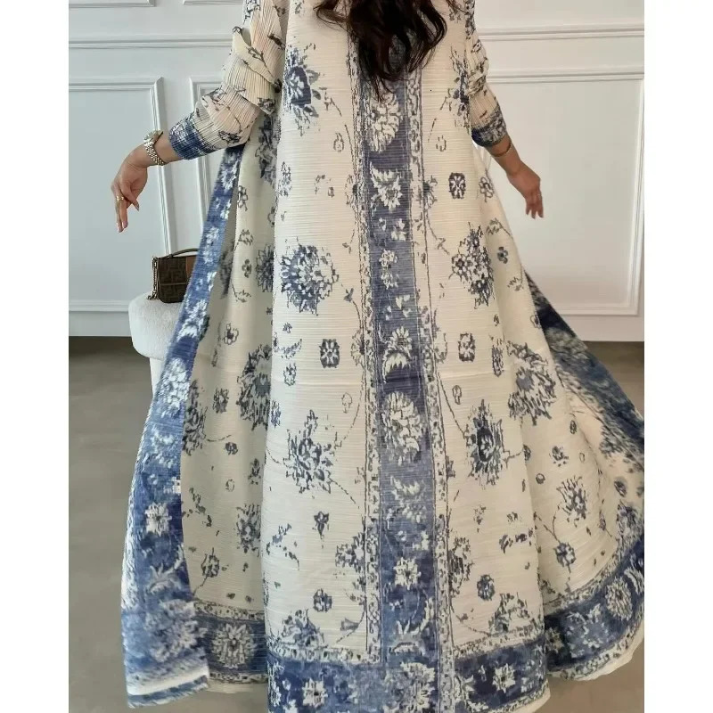 Fashion Saudi Womens Long Gown White Premium Printed Temperament Elegant Pleated Abaya Casual Peplum Holiday Dress Jacket 260228