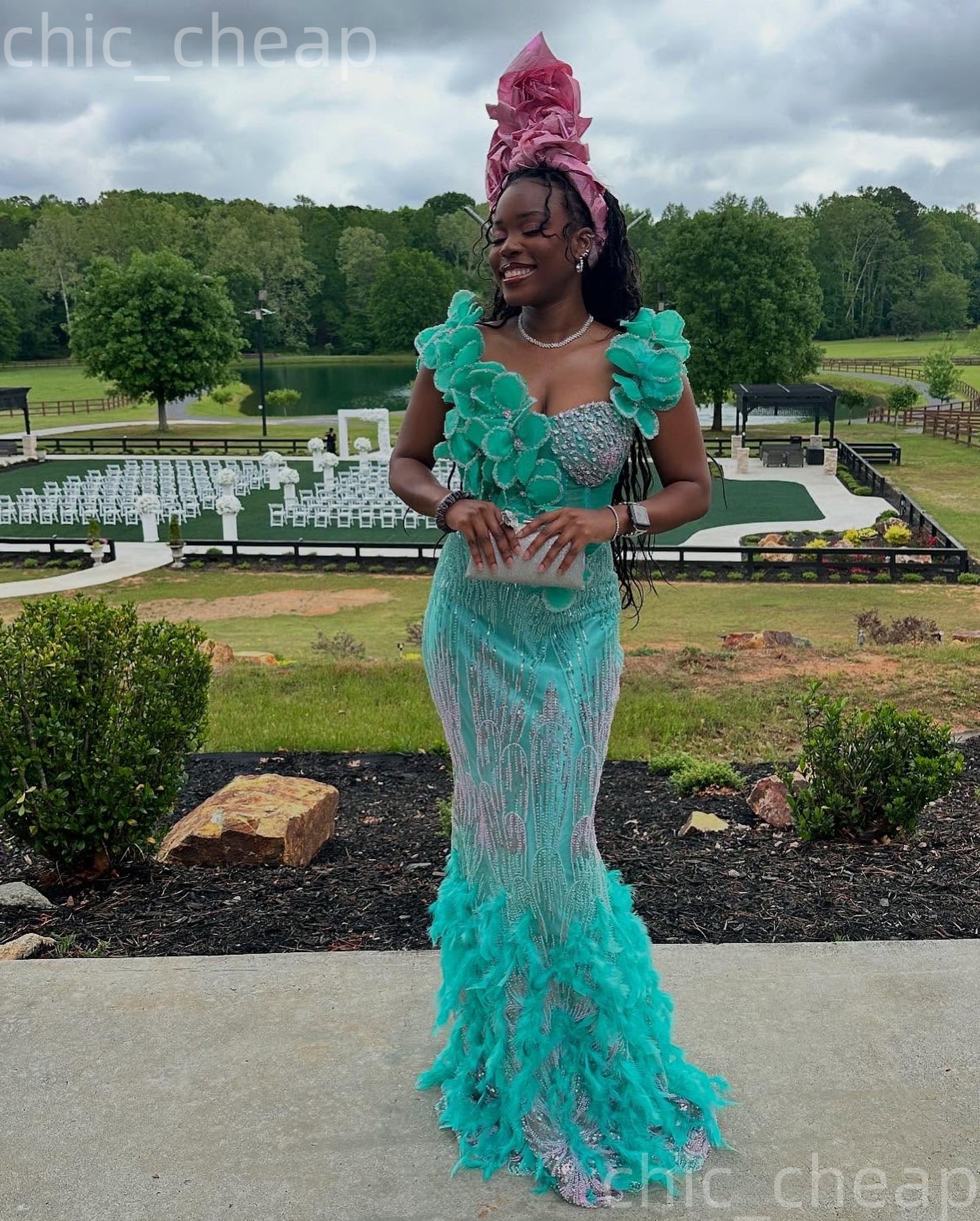 Aso Ebi Turquoise Prom Dress 2026 Mermaid Prom Dress Florals Feather Sequined Evening Dresses For Black Women Birthday Party Formal Receiption Gowns D