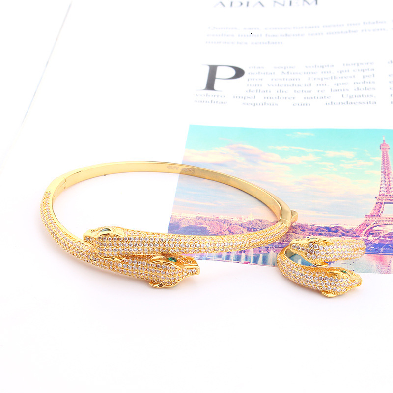 Bracelet Ring Set Style Punk Micro-Inlaid Bracelet Ring Zircon Simple Double-Headed Leopard Bracelet Ring Set, Personalized Jewelry For Men And Women 