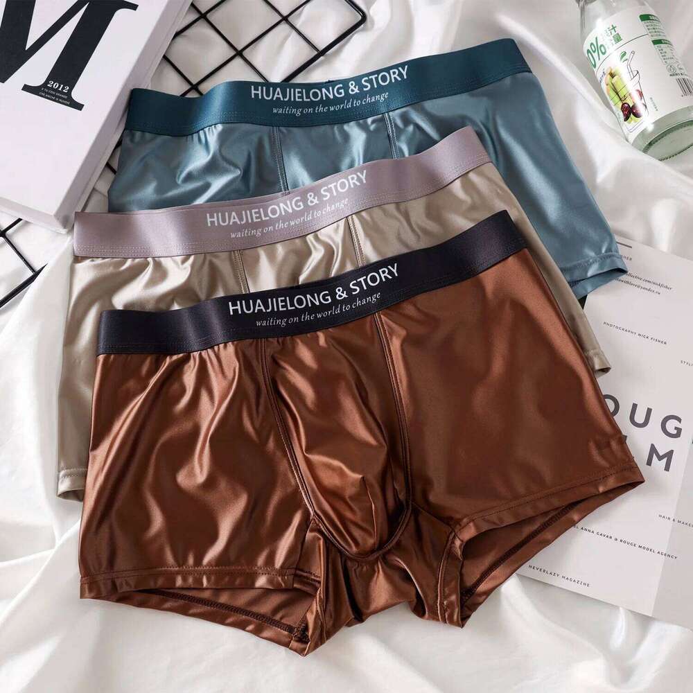 1/3Pcs Breathable Thin Satin Boxer Briefs Seamless Mid Waist Ice Silk Boxers Underpants Smooth Underwear for Men Daily