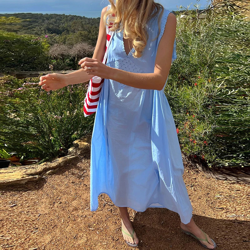 Women Lace V Neck Maxi Dress Boho Flowy Long Dress Summer Loose Sundress Vintage Y2K Aesthetic Going Out Beach A Line Dresses 260306