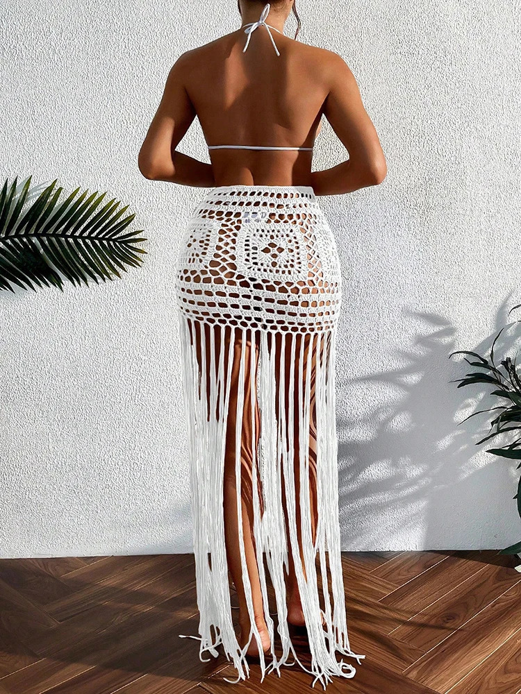 Crochet Tassel Bikini Cover Up Dress Beach Wear Women Tie Bather Bathing Suit Long Skirt Swimsuit 260228