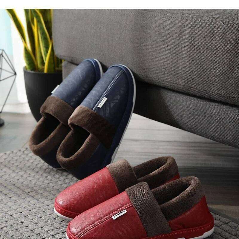 Women's Winter Slippers Home Warm Thick Bottom Plush Waterproof PU Leather Couples Cotton Men's Flat Couple Shoes