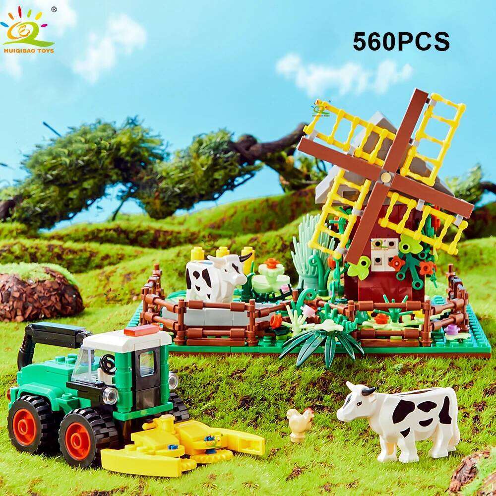 HUIQIBAO MOC Farm Truck Pigsty Windmill House Building Block Farmer Tractor Vehicle Car Brick City Construction Toy For Children Z260306