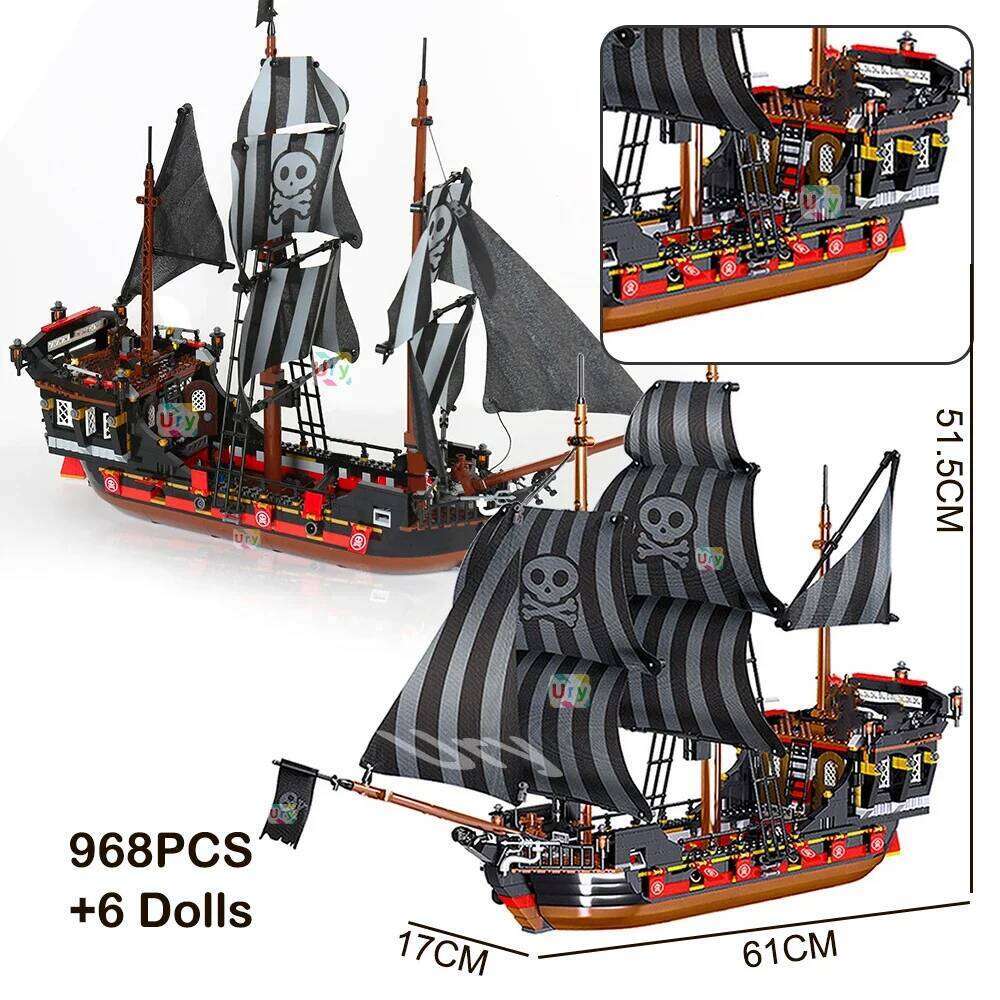 Pirates Ship Adventure Ideas Retro Red Black Boat Island Storm Vessel Flagship Movie Building Blocks Model Toy for Kid Xmas Gift Z260306