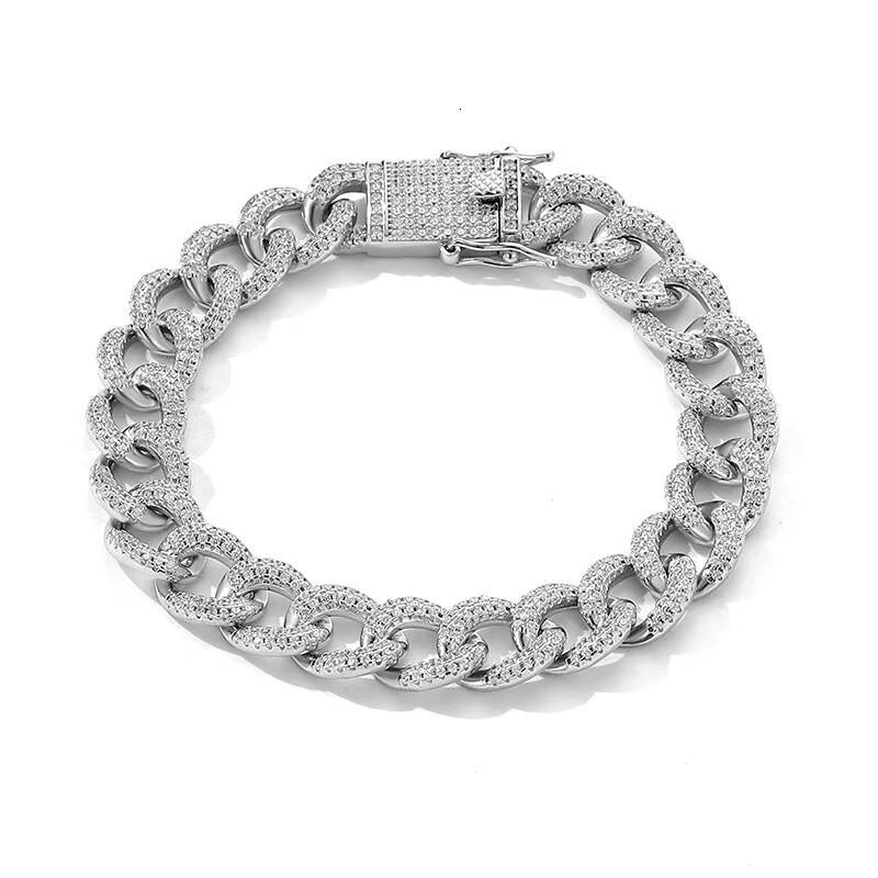 Factory Wholesale Fashion Jewelry 925 Sterling Silver Rhodium Plated 10mm CZ Zircon Cuban Chain Link Bracelet 12/15
