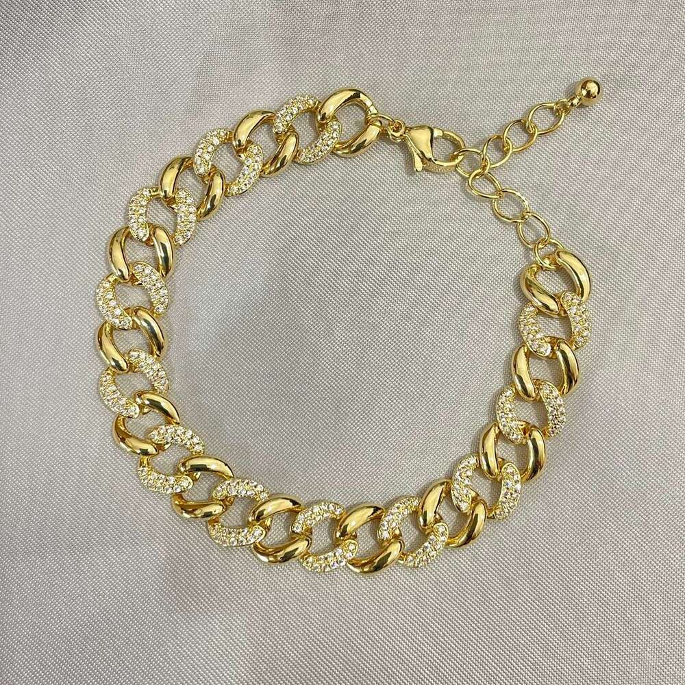 Cross-Border Cuban Chain Hip-Hop European and American Brass Gold-Plated Full Diamond Luxury Bracelet Simple Hong Kong Street Style Jewelry