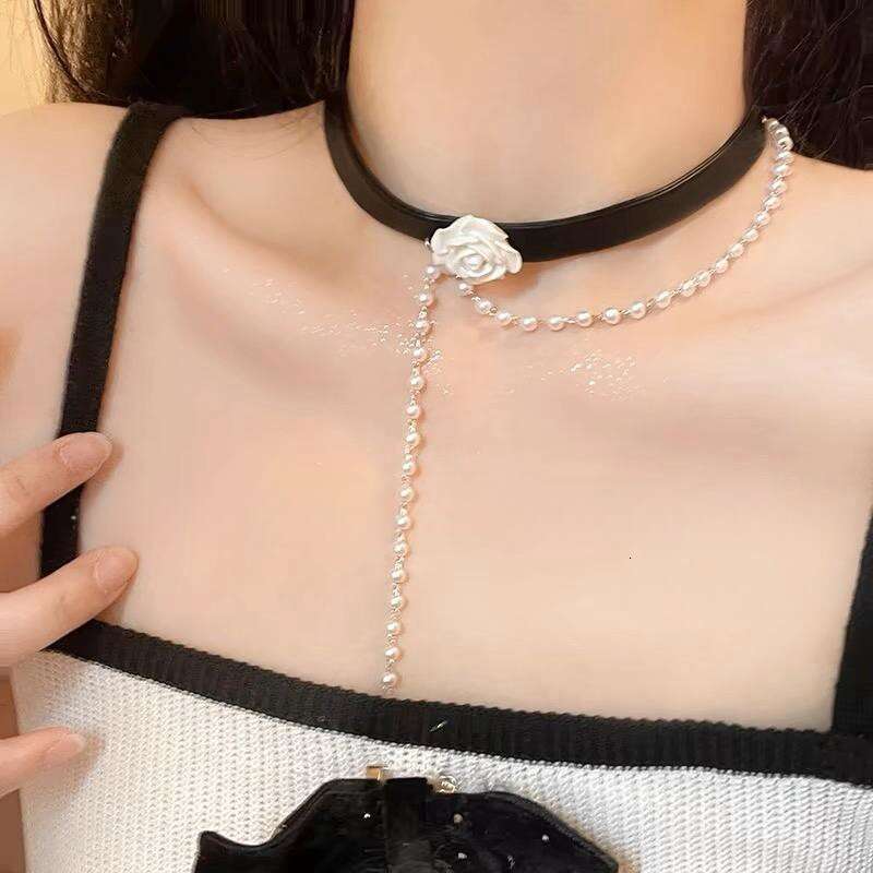 Rose flower pearl choker black collarbone fashion high-end chain neckband neck necklace accessory for women