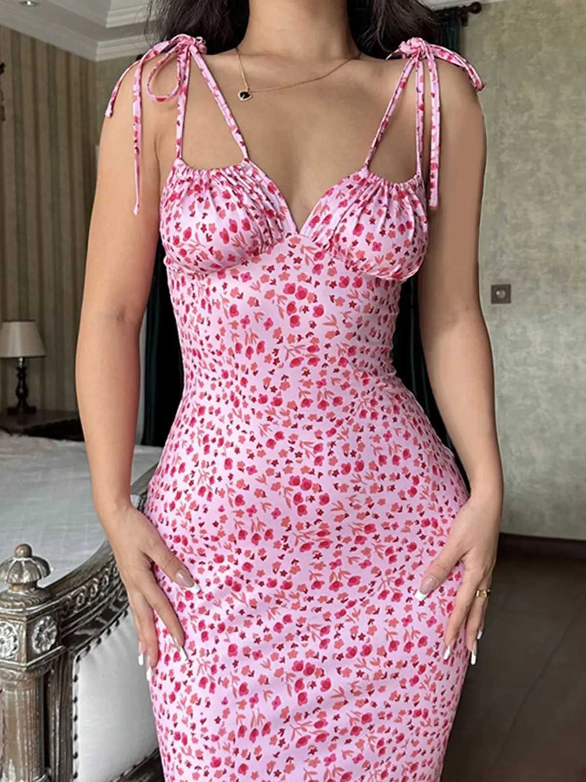2025 Summer Floral Midi Dress Women Spaghetti Strap Tie-up V-neck Split Dress Sexy Vintage Elegant Dresses Female X260306