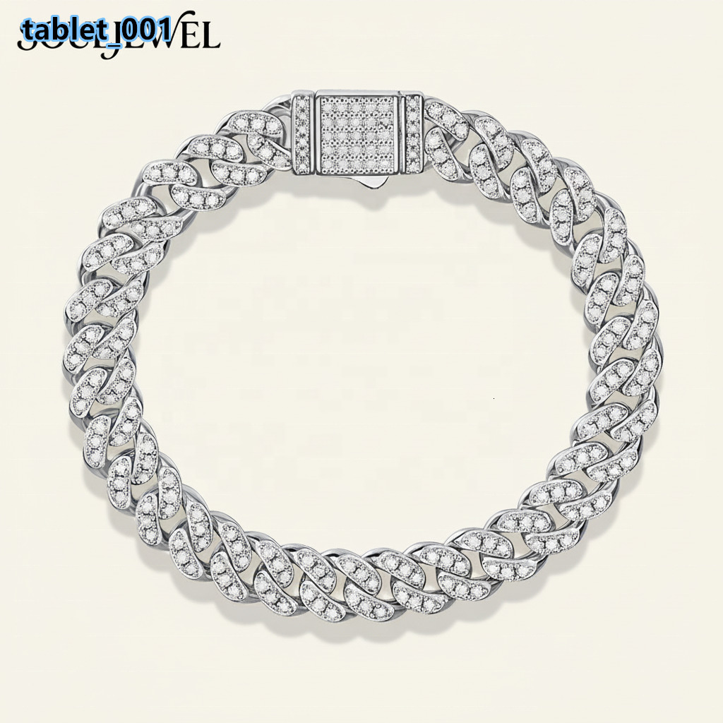 Sterling Silver Rhodium Plated Moissanite Cuban Bracelet Pave Chain Link Hip Hop Style Luxury GRA Certified Daily Wear Jewelry