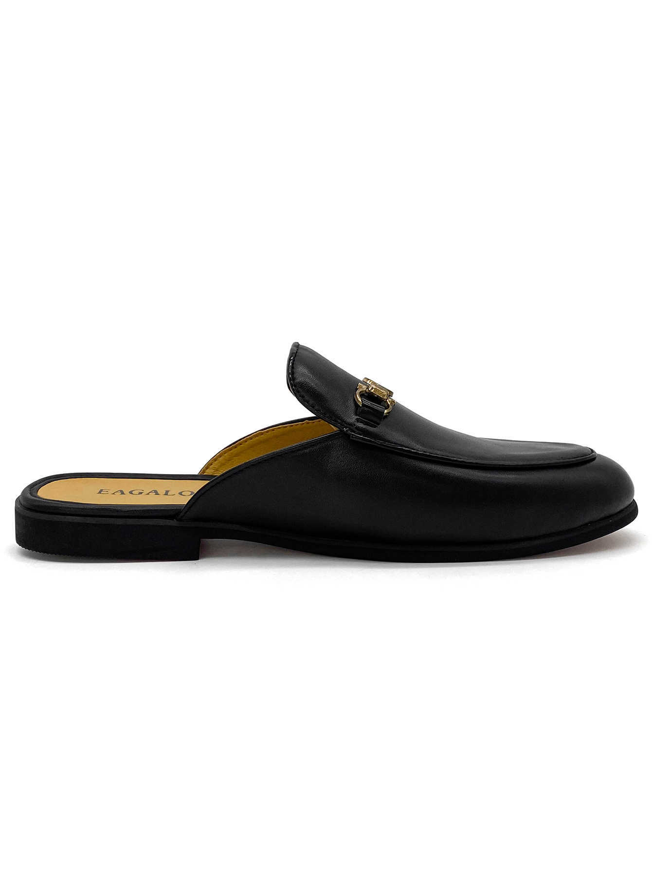 Men's Black Leather Mules Gold Decorative Metal Buckle Backless Loafers Flat Slip-on Slides Casual Office Daily Wear Mules