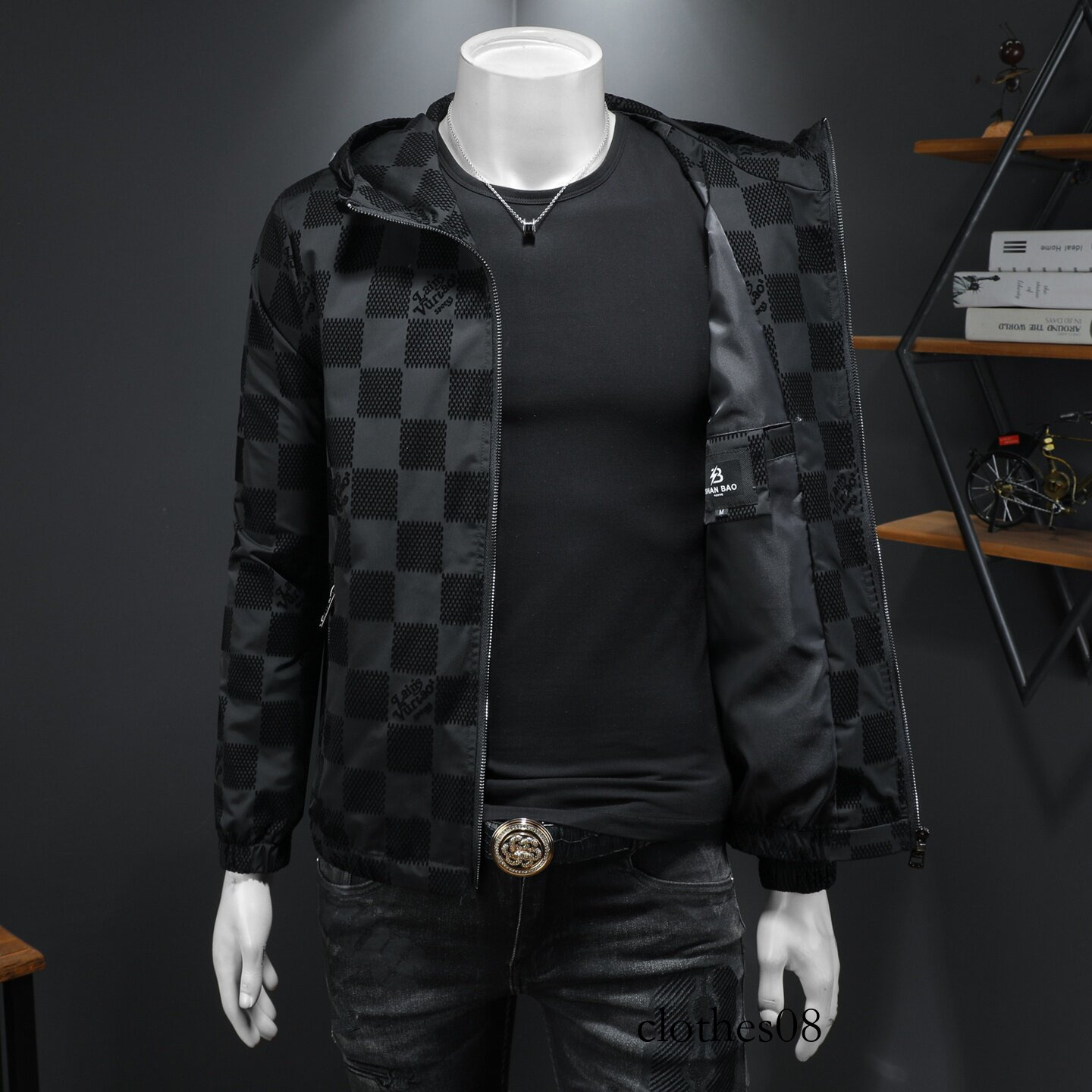 European Collection 2026 Spring New Men's Flocked Hooded Casual Jacket, Plus Size Slim Fit Jacquard Plaid Coat, Trendy