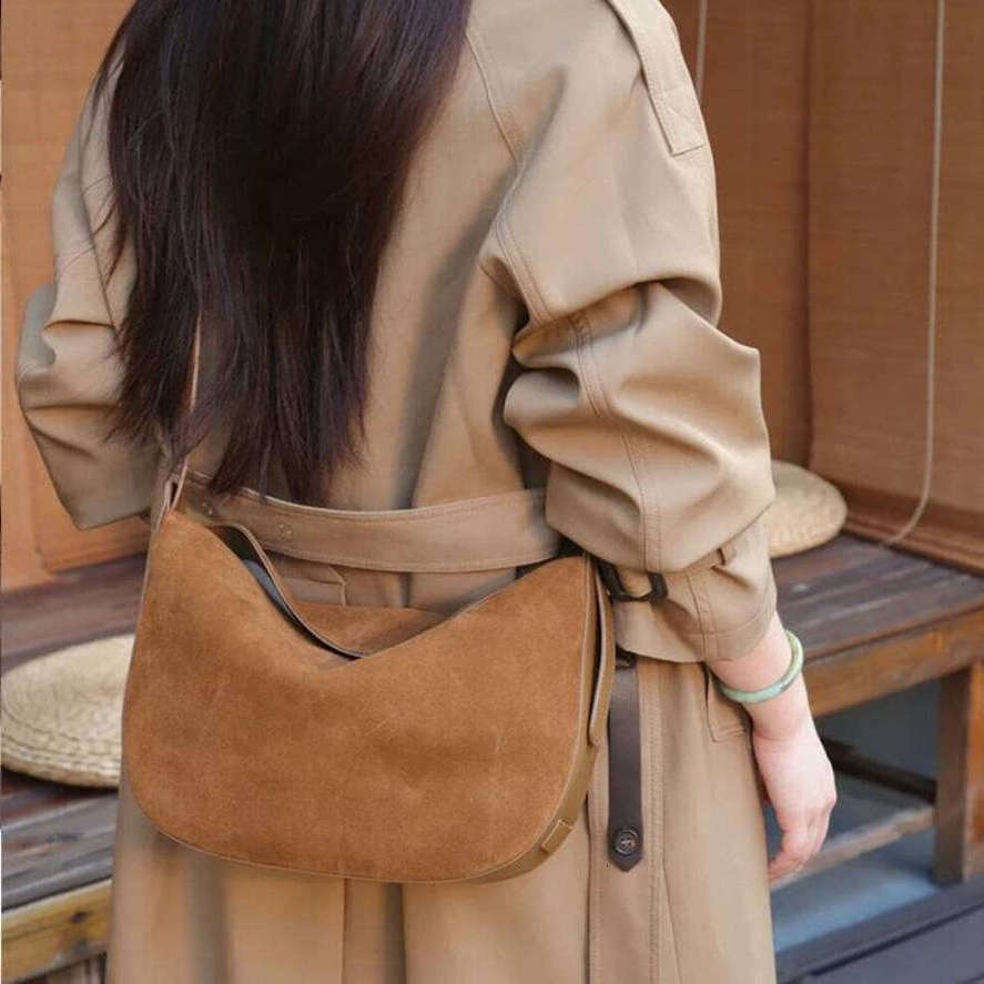 OLOEY Hifashion Cowhide Suede Genuine Leather Hobo Shoulder Bags For Women 2026 Luxury Creativity Half Moon Crossbody Ladies Handbags Practical Bag