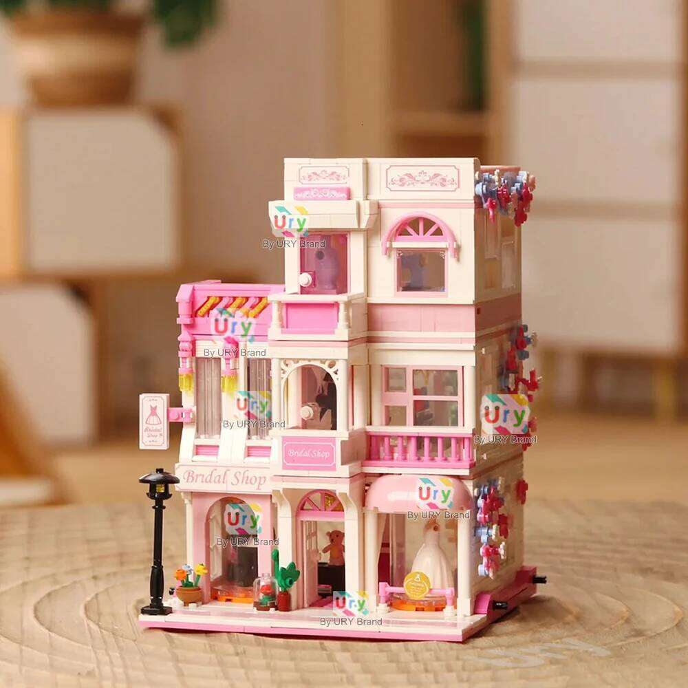 Mini City Street View Friends House Pink Wedding Dress Shop Modular Villa with Light MOC Architecture Building Block Set for Kid Z260305